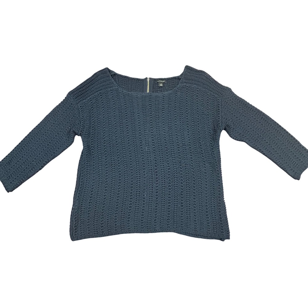 Ann Taylor Womens Navy Blue Open Knit Back Zip Sweater Boat Neck Size Small